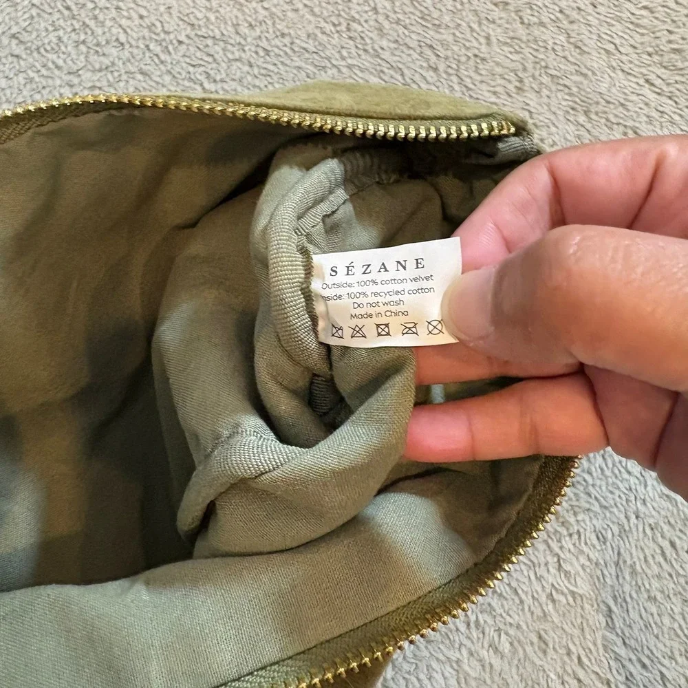 Sezane Olive Green Cotton Velvet Zippered Pouch Makeup Bag Clutch Travel - Picture 4 of 10